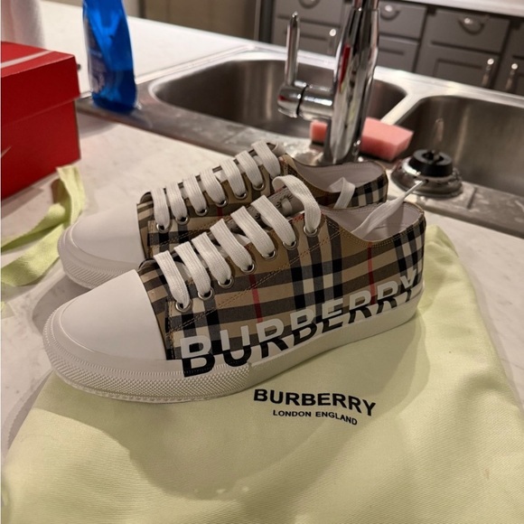 Burberry Shoes - Burberry Beige and White Check Sneakers